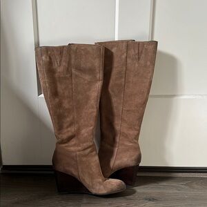 Brown Suede Knee-High Wedge Boots